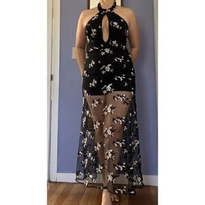 Prom Vintage Black Jumpsuit Dress Black Floral Net S/M Fairy Princess Strech
